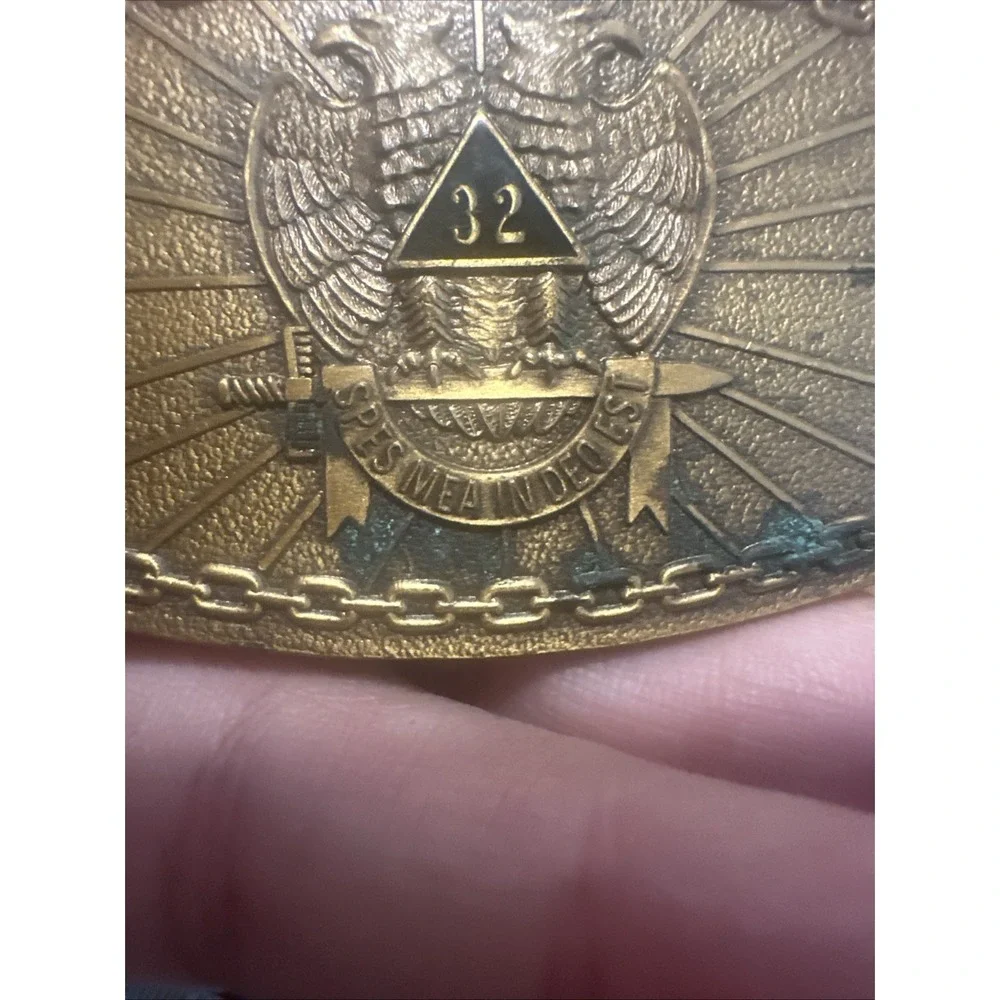 Vintage Belt Buckle Double Eagle Masonic 32 Spes Mea In Deo Est Bronze